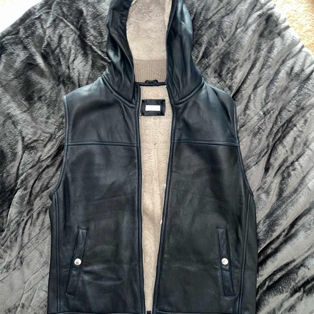 Men's Black Leather Hooded Vest